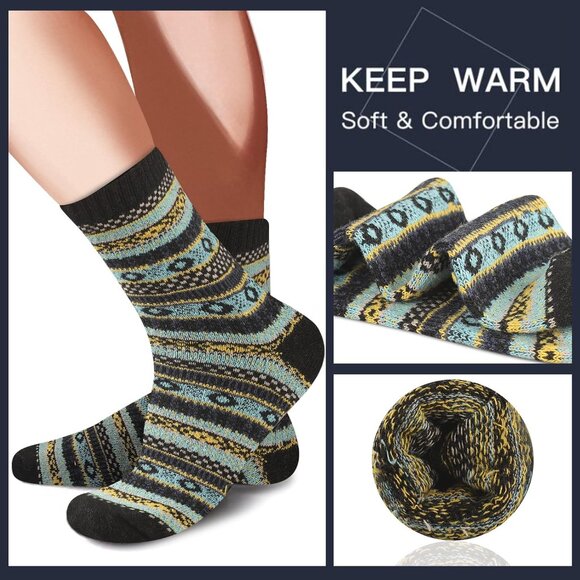 5 Pairs Wool Socks Mens Warm Winter Thermal Thick Pattern Crew Socks for Cold We - Picture 2 of 7